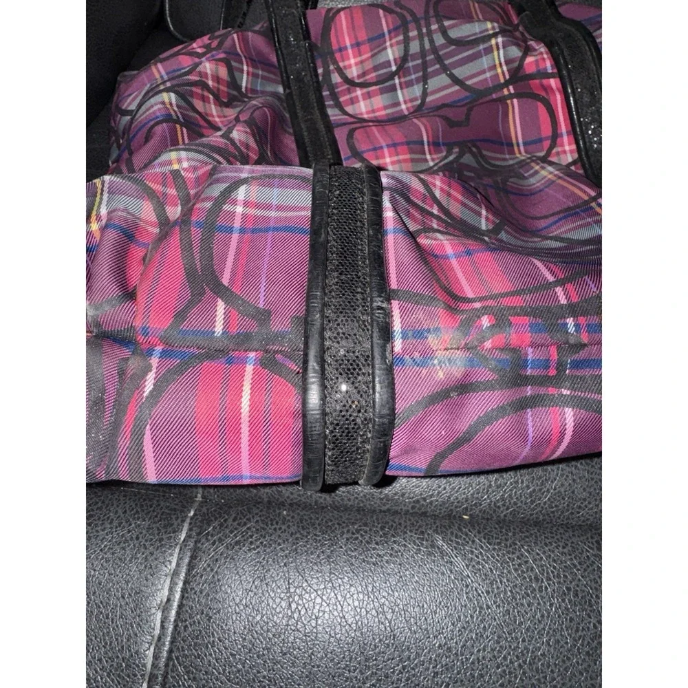 Coach Poppy Plaid Tote Pink Purple Black Zip Silver Hardware Pockets USED!!